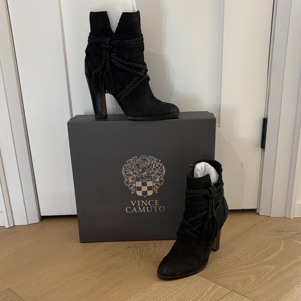 Vince Camuto Black Tassel Heeled Boots